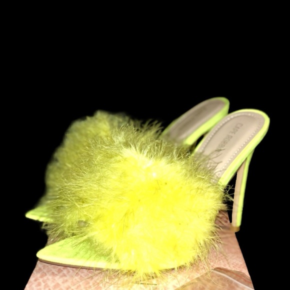 Dolls Kill Shoes - Neon Yellow Feather Point Toe Stiletto Sandals